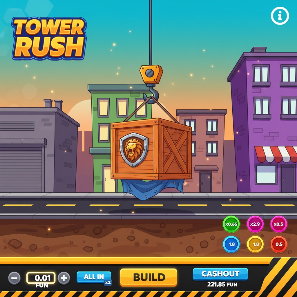 Tower Rush de Galaxsys : une caisse en bois ornée d'un blason au lion, suspendue au crochet d'une grue au-dessus d'une rue au coucher du soleil, avec un entrepôt gris à gauche, une boutique verte au centre et des immeubles violets à droite, et en bas la barre jaune à rayures noires avec les boutons ALL IN, BUILD et CASHOUT